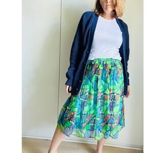 Vintage 90s Graphic Print Pleated skirt Size M Green/Blue Mixed Prints Statement